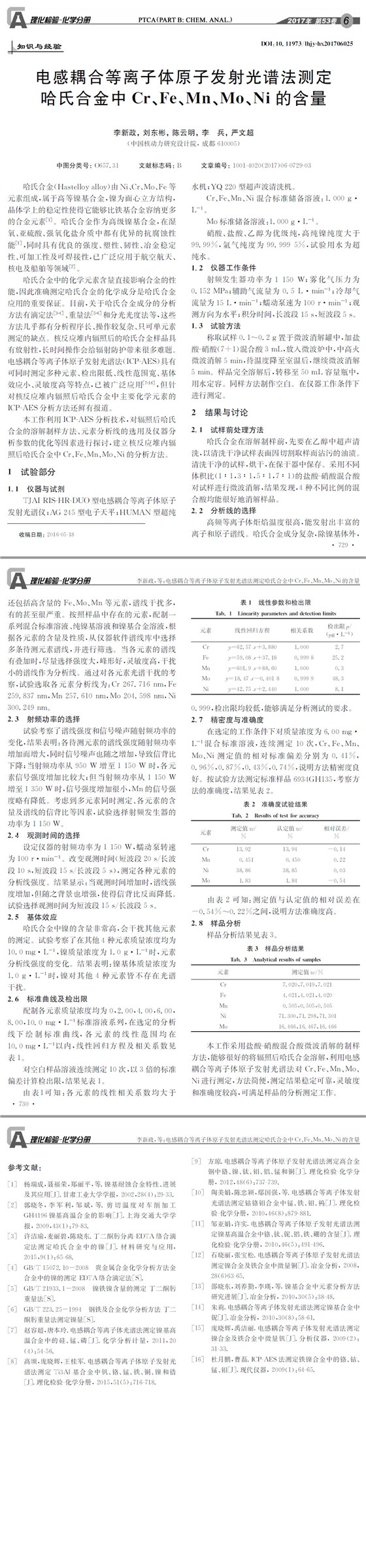 電感耦合等離子體原子發(fā)射光譜法測定哈氏合金中Cr、Fe、Mn、Mo、Ni的含量