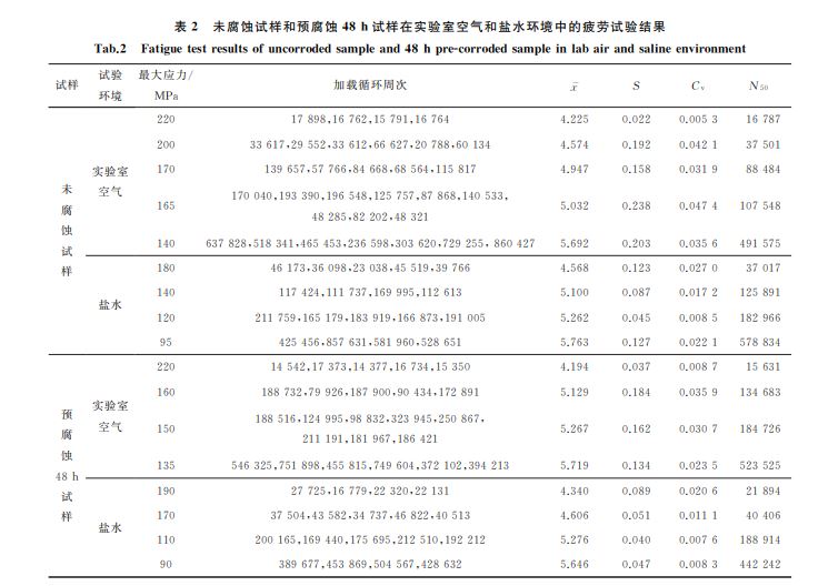 表２ 未腐蝕試樣和預腐蝕４８h試樣在實驗室空氣和鹽水環(huán)境中的疲勞試驗結果